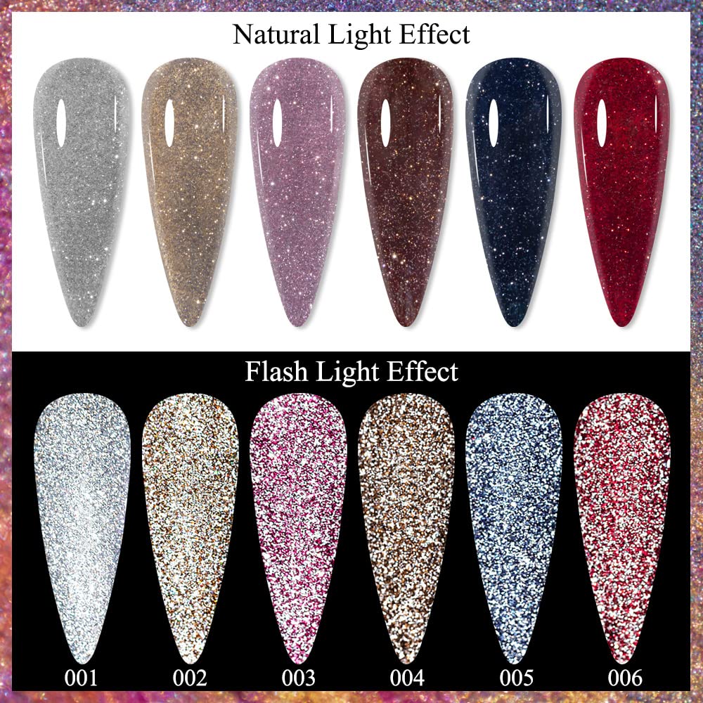MIZHSE Reflective Glitter Gel Nail Polish Set 6pcs 10ml Gel Soak Off