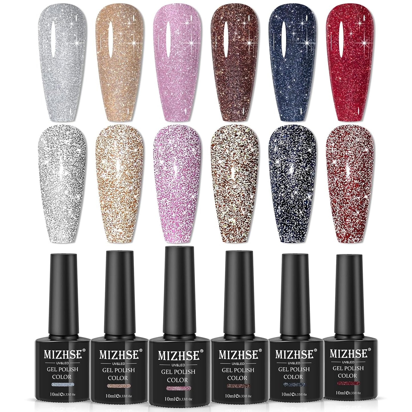 MIZHSE Reflective Glitter Gel Nail Polish Set 6pcs 10ml Gel Soak Off