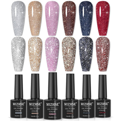 MIZHSE Reflective Glitter Gel Nail Polish Set 6pcs 10ml Gel Soak Off